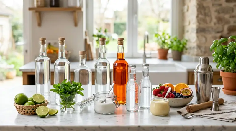 Bancada de cozinha clara com cinco garrafas sem rótulo, limões, hortelã, açúcar, água tônica, água com gás, leite condensado e frutas