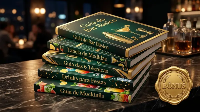 Cinco guias empilhados com capas verdes e douradas: Guia do Bar Básico, Tabela de Medidas, Guia das 6 Técnicas, Drinks para Festas e Guia de Mocktails, ao lado de um selo dourado escrito Bônus