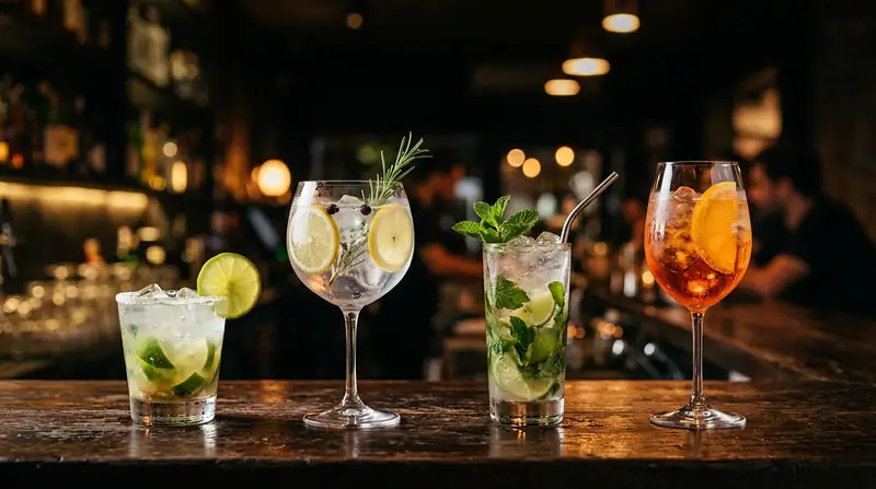 Caipirinha, gin tônica com alecrim, mojito e aperol spritz lado a lado em balcão de bar com luz quente