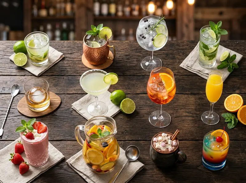 Mesa de madeira vista de cima com 12 drinks diferentes: caipirinha, moscow mule, gin tônica, mojito, whisky, margarita, aperol spritz, mimosa, batida de morango, jarra de frutas, chocolate quente e mocktail