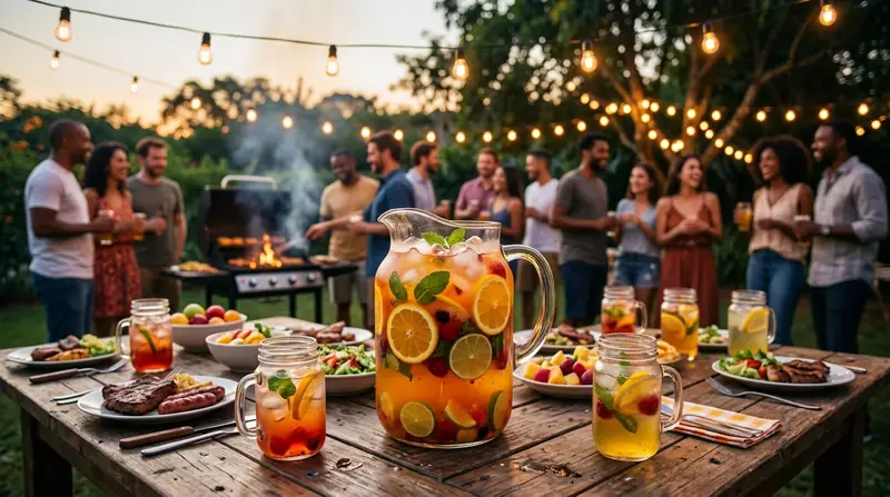 Jarra grande de drink de frutas com gelo sobre mesa de churrasco ao entardecer, com amigos conversando ao fundo sob luzes de varal