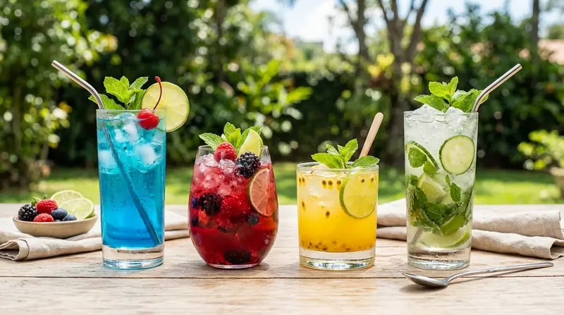 Quatro drinks sem álcool coloridos — azul, frutas vermelhas, maracujá e mojito sem álcool — sobre mesa ao ar livre