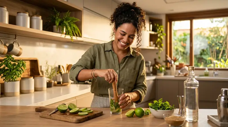 Mulher sorrindo enquanto macera limão e hortelã em um copo, na cozinha de casa