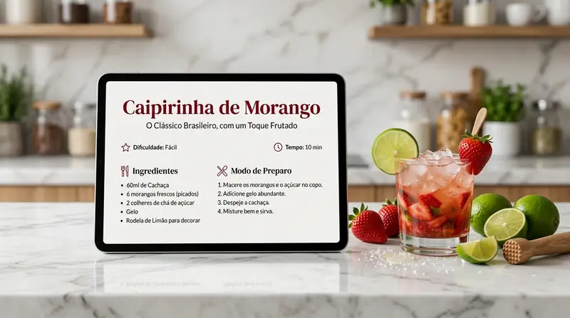 Tablet sobre bancada de mármore mostrando a página da receita Caipirinha de Morango, com ingredientes, medidas e modo de preparo numerado