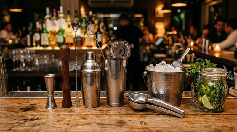 Utensílios de bartender enfileirados sobre balcão de madeira: dosador, socador, colher bailarina, coqueteleira, coador, espremedor, balde de gelo e pote de vidro